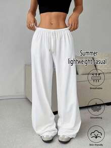 两件装女士休闲阔腿运动裤，适合春、夏、秋、冬四季穿着；纯色宽松版型，适合休闲和运动穿着；舒适顺滑面料；宽松女士款式 - 黑與白 - 查看 3