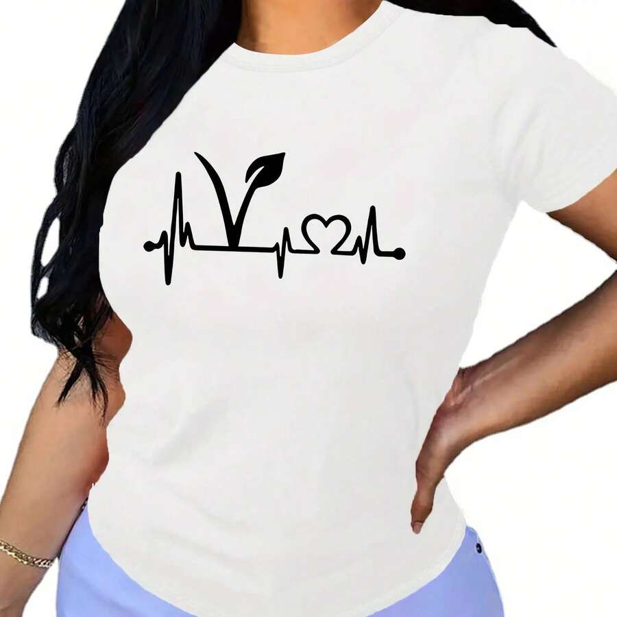 Women's Short Sleeve T-Shirts 2026, Plant Print Short Sleeve T-Shirt, Best Selling, Round Neck, Casual Style, Fashion Top For Summer And Spring, Y2k Women's Clothing. - 白色 - 查看 1