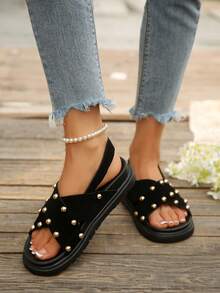 Teenage Girls' Black Suede Rivet Criss-Cross Strap Sandals, Student Flat Open Toe Backstrap Beach Holiday Casual Sandals - Black - View 4