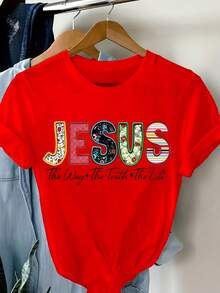 Soft, 100% Cotton Women's Crew Neck T-Shirt With A Colorful Letter Print That Says "Jesus" And A Design That Reads "The Way, The Truth, The Life." Short Sleeves, Regular Length, Soft Fabric, Comfortable For All Seasons. Breathable, Versatile, And Stylish Cotton T-Shirt. - 紅色 - 查看 6