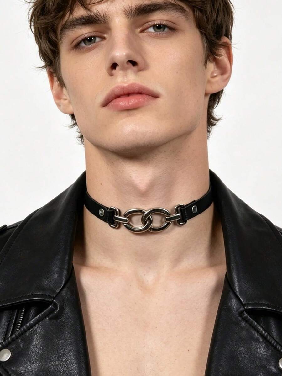 1 PC Men's Punk Metal Ring PU Leather Choker - Dark Streetwear Accessory For Men - Neck Ornament - View 1