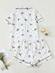 Set Piyama Wanita Lengan Pendek Berkerut Motif Anjing - Aprikot - View 9