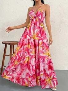 xheFirerie Vestido de gasa con cuello halter y espalda descubierta con nudo para mujeres, ideal para resort, boda y eventosxhe - Multicolor 2 - Ver 4
