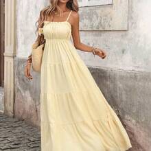 PariChic Women's French Style Vacation Spaghetti Strap Frill Trim Waist Fitted Long Textured Yellow Dress, Spring/Summer Yellow Maxi Dress Women Women Vacation Dress Yellow Sundress Women Long Sundress - Verde militar - Ver 4