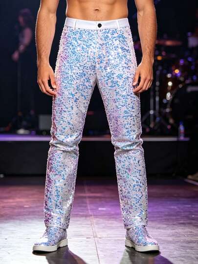 Men's White Sequin Pants, Shiny Straight-Leg Trousers, Suitable For Disco, Nightclub And Performance Occasions