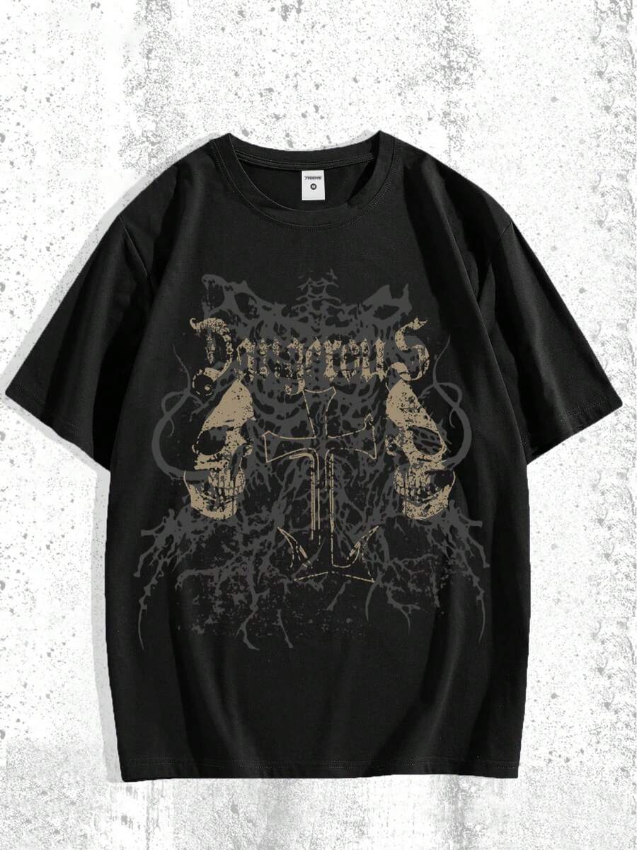 Camiseta de manga corta cuello redondo playeras de hombre estampado calaveras góticas cómoda versátil ideal para entrenamientos al aire libre uso diario verano primavera nacional envio - Negro - Ver 1