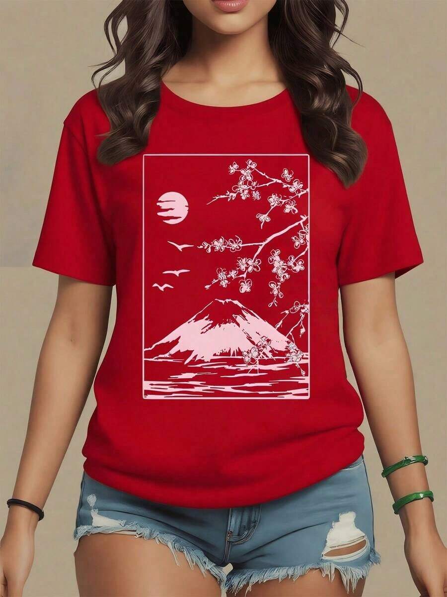 Paisaje con monte majestuoso bajo la luna llena rodeado de aves y ramas de flores que simbolizan serenidad y renovación camiseta de mujer 100% algodón cómoda y de gran calidad,maija mujer. - Rojo - Ver 1