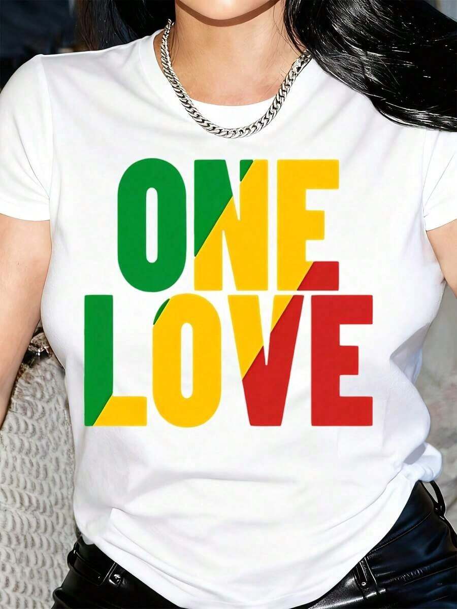 Camiseta de cuello redondo Y2K para mujer con estampado multicolor "ONE LOVE" - Mezcla suave, tela, top casual para todas las estaciones, ideal para atuendos informales y festivos - Camiseta unisex de estilo llamativo. |   Diseño exquisito |   Suelto y cómodo |   Fácil de combinar | - Blanco - Ver 1