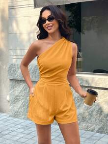 Jumpsuit Kasual Satu Bahu Warna Polos dengan Saku, Cocok untuk Liburan Musim Panas, Pernikahan, Jalan-jalan, dan Acara Lainnya, Jumpsuit Tanpa Lengan Kasual Warna Polos Sederhana untuk Wanita - oranye - View 5
