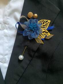1pc Unisex Blue Rose & Daisy Flower Brooch, Gold Accent, Wedding Lapel Flower Decor, 1pc,Festival,Birthday - Multicolor - View 2