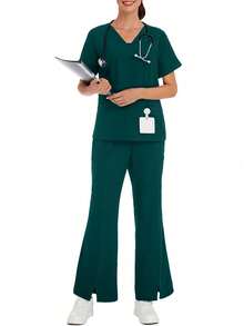 Solid Color V-Neck Short Sleeve Top And Split Leg Pants Lab Coat Nurse Scrub Uniform Scrub Uniform Set, Pet Hospital Clinic Work Scrub Uniform Set With Pockets Spring - Dark Green - View 6