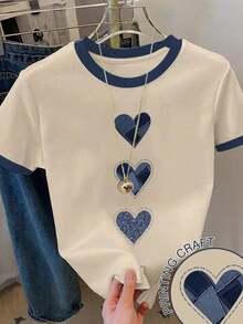 Camiseta casual de mujer de manga corta con cuello redondo y estampado de corazón en bloques de color - Caqui - Ver 6