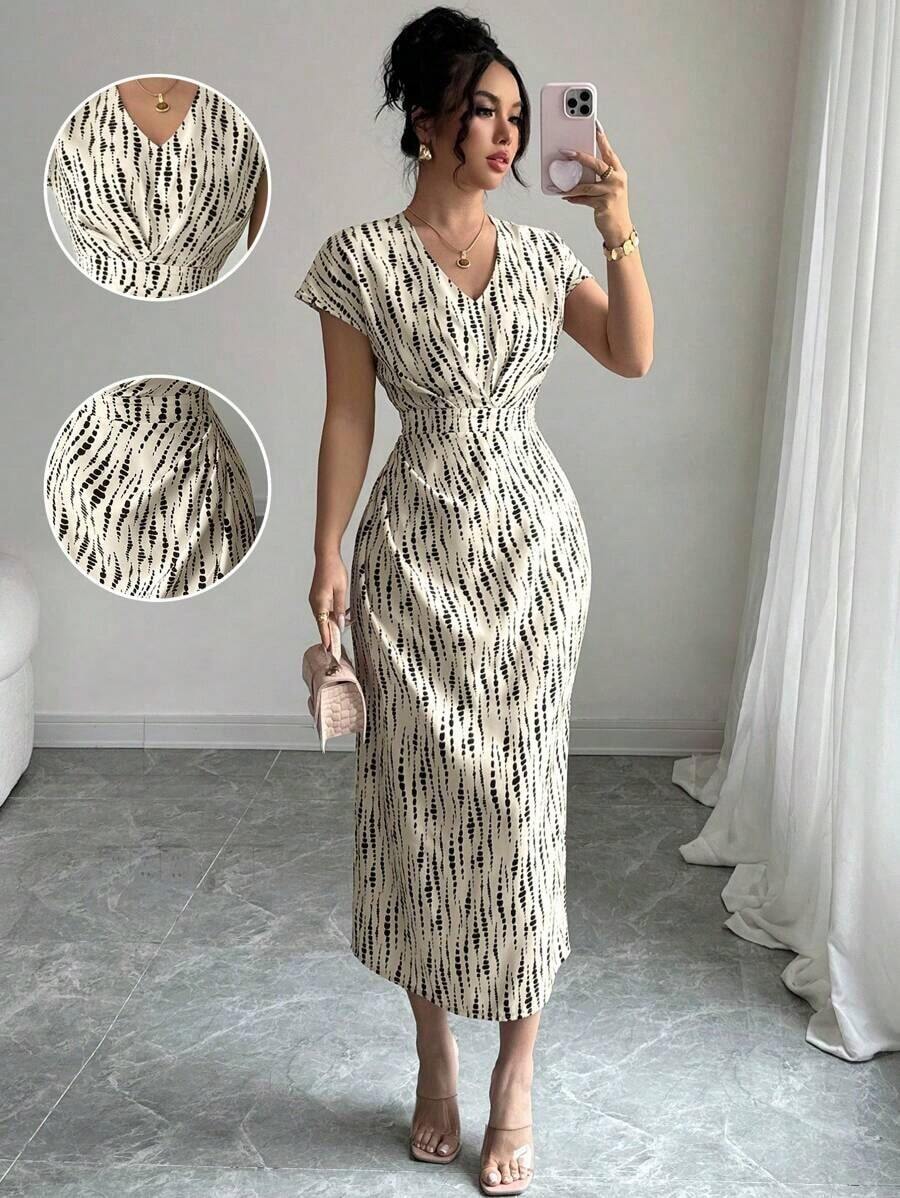 Vestido vintage con estampado floral elegante para ir al trabajo y de vacaciones - Albaricoque - Ver 1