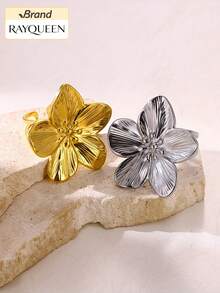 RAYQUEEN 1pc Stainless Steel Exaggerated Big Flower Open Ring, Suitable For Holidays, Gifts, Beach Parties - Ring - View 4