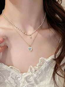 1 buah Kalung Berlapis Hati Minimalis Elegan Gaya INS dengan Rhinestone & Mutiara Imitasi yang Dipersonalisasi, Aksesori Serbaguna untuk Pemakaian Sehari-hari & Acara Formal, Hadiah Luar Biasa untuk Ulang Tahun Pacar/Sahabat - Yellow Gold - View 9