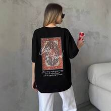 Camiseta de manga corta 100% algodón puro, nuevo estilo de verano, estilo americano, versátil, moderna, retro, de nicho, top hip-hop para mujer. - Negro - Ver 2