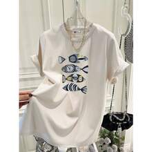 Camiseta de algodón puro para mujer, estilo holgado, de manga corta, con estampado de peces, a la moda, de longitud media, nueva colección de verano 2024. - Blanco - Ver 2