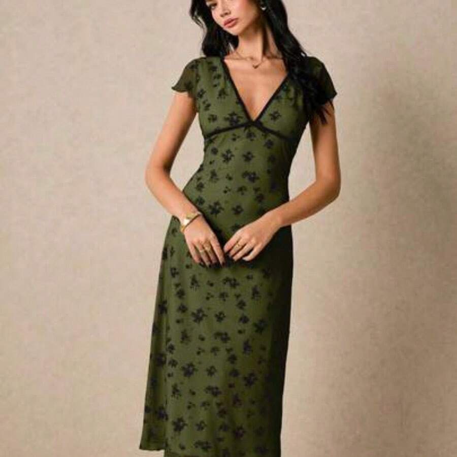 Women's Contrast Trim Cap Sleeve Fitted Midi Dress, Elegant Summer - Verde militar - Ver 1