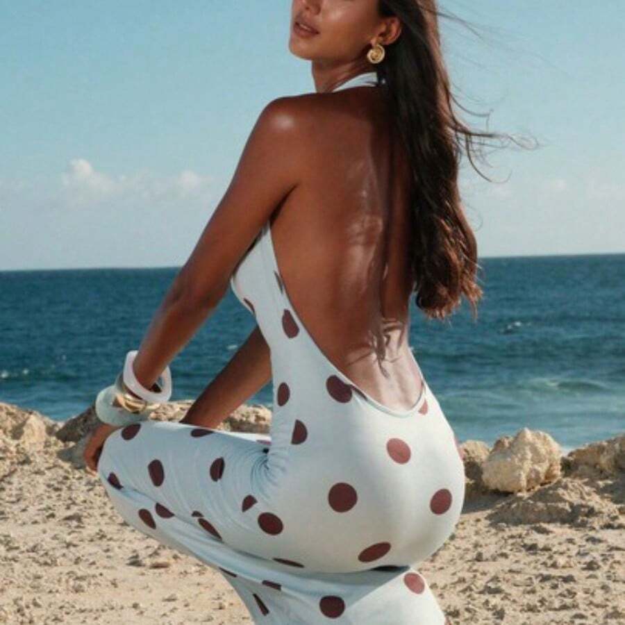 Spring & Summer Vacation Knit Printed Halter Backless Dress For Women - Azul - Ver 1