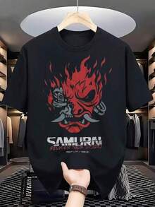 Men's Cyberpunk Style T-Shirt With Oni Flame Print, Offering A Casual And Stylishly Cool Look. - 黑色 - 查看 1