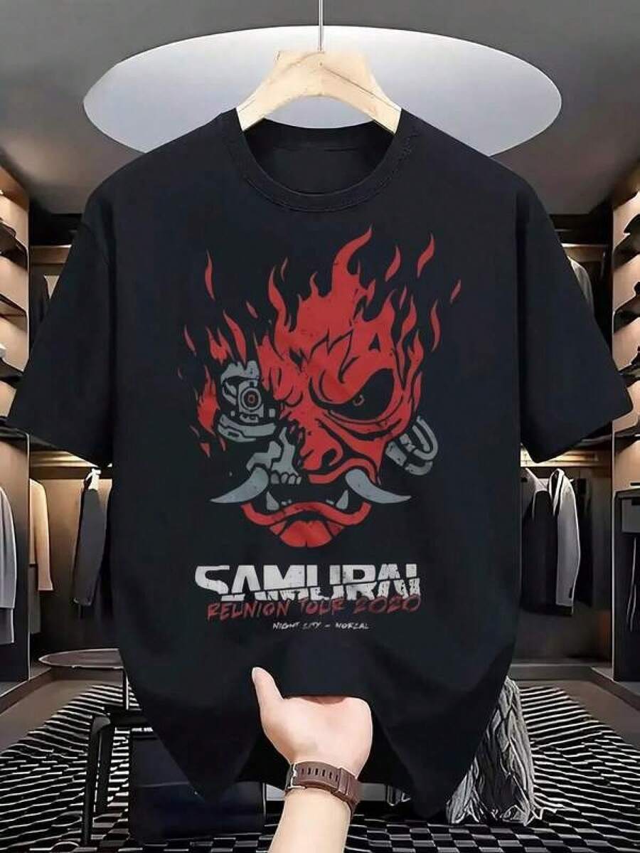 Men's Cyberpunk Style T-Shirt With Oni Flame Print, Offering A Casual And Stylishly Cool Look. - 黑色 - 查看 1
