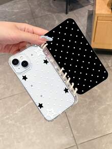 1pc Black & White Polka Dot + Star Print Flip Cover Phone Case, Notebook Style Protective Phone Case, Cute Phone Case With Lanyard Design, Compatible With IPhone & Galaxy, Daily Essential Phone Accessory, Suitable As Gift Or Daily Use, Cute Aesthetic For Daily/Party, Fast Shipping - Multicolor - View 2
