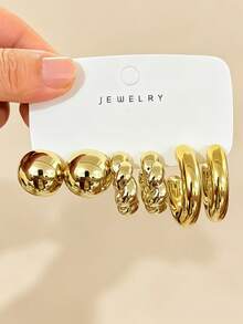 6/18pcs Set Thick Gold Tone Earrings Set, Low Allergy Thick Gold Tone Earrings For Women, Fashionable Earrings Set With Multiple Elements, Made Of ABS Resin, Lightweight And Easy To Carry, UV Plated Gold, Non-Fading - Gold - View 4