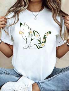 Plus Size - Plus Size - Women's Plus Size T-Shirt With Daisy Cat Graphic Print, Casual Short Sleeve Crew Neck Top For Summer And Spring, Women's Clothing - 白色 - 查看 1