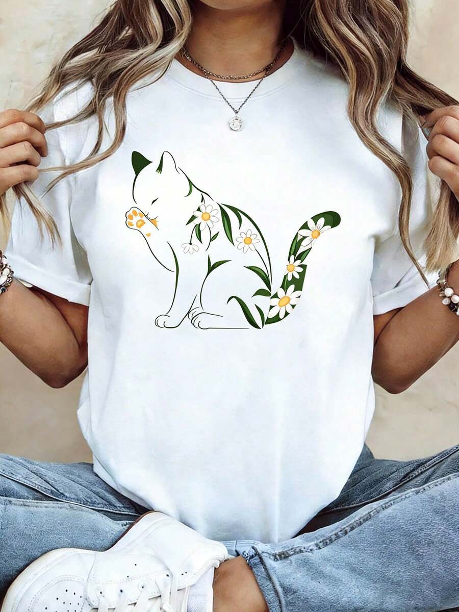 Plus Size - Plus Size - Women's Plus Size T-Shirt With Daisy Cat Graphic Print, Casual Short Sleeve Crew Neck Top For Summer And Spring, Women's Clothing - 白色 - 查看 1