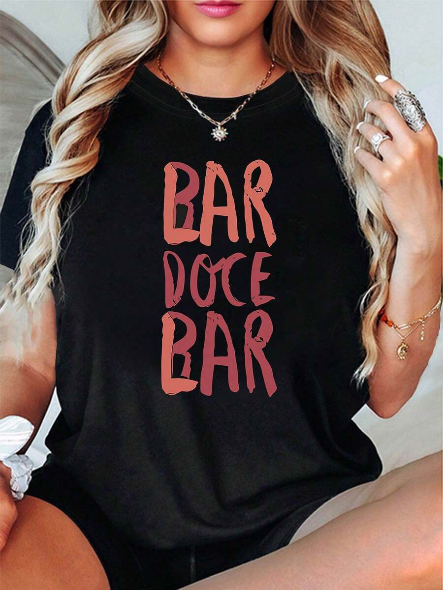 Camiseta con estampado de letras divertidas en portugués, manga corta y cuello redondo, top casual para verano y primavera, ropa de mujer