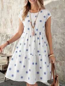 Vestido midi de manga corta, cuello redondo y corte holgado para mujer, adecuado para el verano - Multicolor 5 - Ver 4
