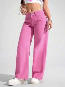 ICON Pantalones vaqueros de pierna ancha de unicolor, de bolsillo, informales y versátiles - Rosa Fucsia - Ver 6