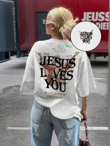 Women's Short-Sleeved T-Shirt With Round Neck And "Jesus Loves You" Print, 100% Cotton, Casual Style, Suitable For Everyday Summer Wear, White - Unisex Clothing For Everyday Campus Wear. - 白色 - 查看 7