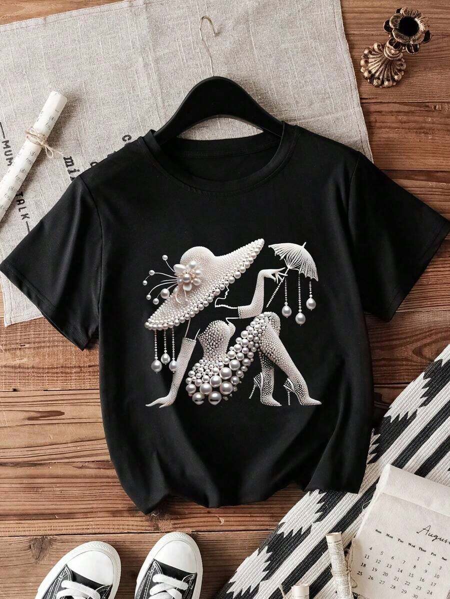 Soft Camiseta de mujer de manga corta con estampado de perlas elegante, de tela de poliéster elástica, cuello redondo, estilo casual de calle para primavera/verano, estampado de perlas negro y blanco pattern pattern - Negro - Ver 1