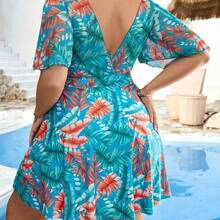 Swim Lushoire Summer Beach Plus Size Tropical Print Flounce Sleeve Swim Dress - Negro - Ver 3