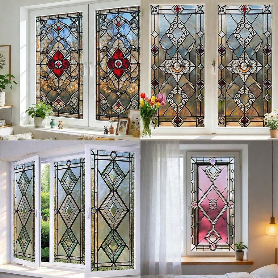 1/4 piezas Película de vidrio con patrón floral colorido, adhesivo de privacidad de vidrio estático retro, adhesivo decorativo removible para el hogar, sala de estar, baño, oficina