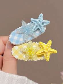 6pcs Girls Delicate Cute INS Style Versatile Hair Clips, Plaid 3D Starfish Side Bangs Decor Hairpins - Multicolor - View 9