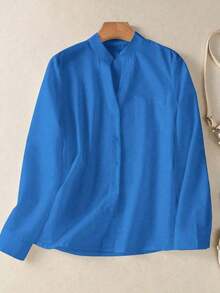Camisa de mujer de unicolor con cuello en V y botones - Blusa casual y elegante de manga larga con detalle de bolsillo, adecuada para vacaciones, viajes y uso diario, artículo esencial para todas las temporadas de primavera - Azul - Ver 9