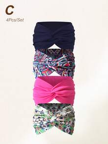4条装女士加宽交叉印花纯色休闲发带，多功能彩色发饰运动发带骑行吸汗带 - 彩色 - 查看 19