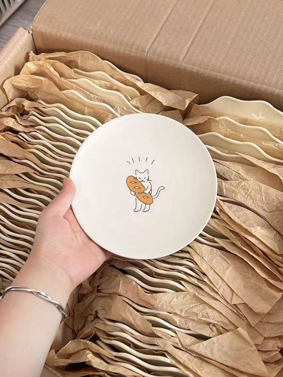 1pc Ceramic Bread Cat Plate, Cute 3D Embossed Bread Cat Ceramic Dessert/Breakfast Plate, Underglaze Colored Tableware, Suitable For Living Room, Dining Room, Dessert Shop, Gift, Gathering - Red and White - View 1
