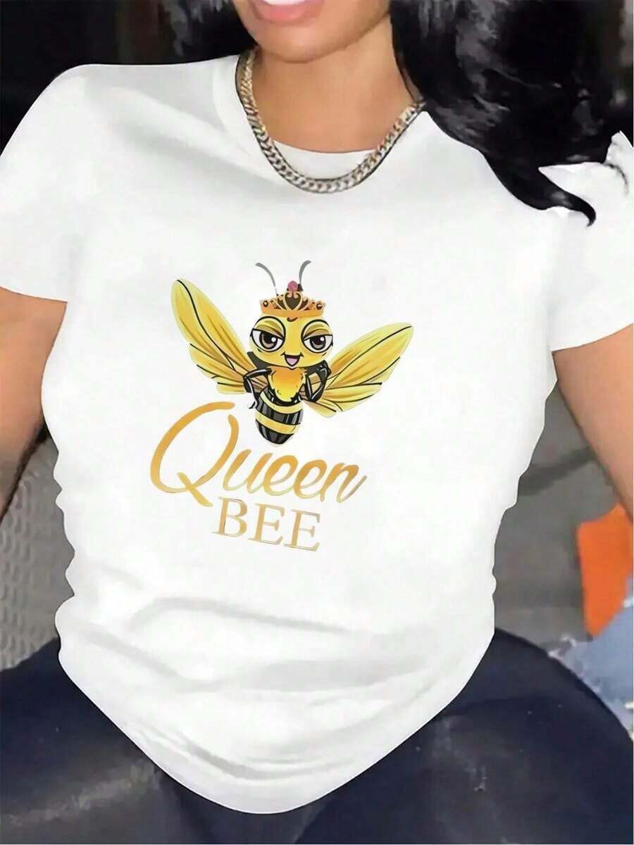 Women's Short-Sleeve T-Shirt With Queen Bee Print, 100% Pure Cotton, New Summer Style, Polyester Fabric, Casual Wear For Home Or Restaurant, Lightweight And Durable Design, Stylish Graphic Tee In Various Colors, Machine Washable. A Gift For Family, Siblings, Friends, Parents, Or Teachers. Women's Warm Clothing, Women's Blouses, S-3XL - 白色 - 查看 1