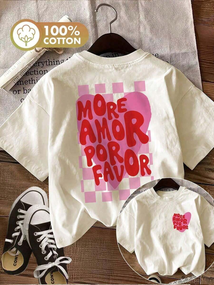 1 pieza de camiseta de mujer, [Estampado a doble cara] Camiseta de mujer estilo vintage de primavera/verano con estampado de corazones y cuadros, 100% algodón, manga corta, cuello redondo, informal, camisetas gráficas, camisetas vintage, 180g, 100% algodón (tallas S-3XL), top de mujer, camiseta de manga corta, top de mujer, camiseta de manga corta. - Albaricoque - Ver 1