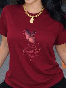 Short-Sleeved T-Shirt With A  Purple Butterfly Print, Stylish Crew Neck Design, And Modern Fonts-Perfect For Casual Outings. Pair It With Jeans And Accessories For A Relaxed And Stylish Look. IBPH - 酒紅色 - 查看 6