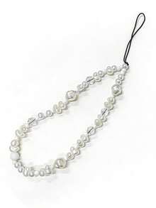 1pc Pearl Lanyard Phone Chain Short Style Asymmetrical Beaded Camera Strap Pearl Wrist Strap Ins Phone Chain - White - View 5