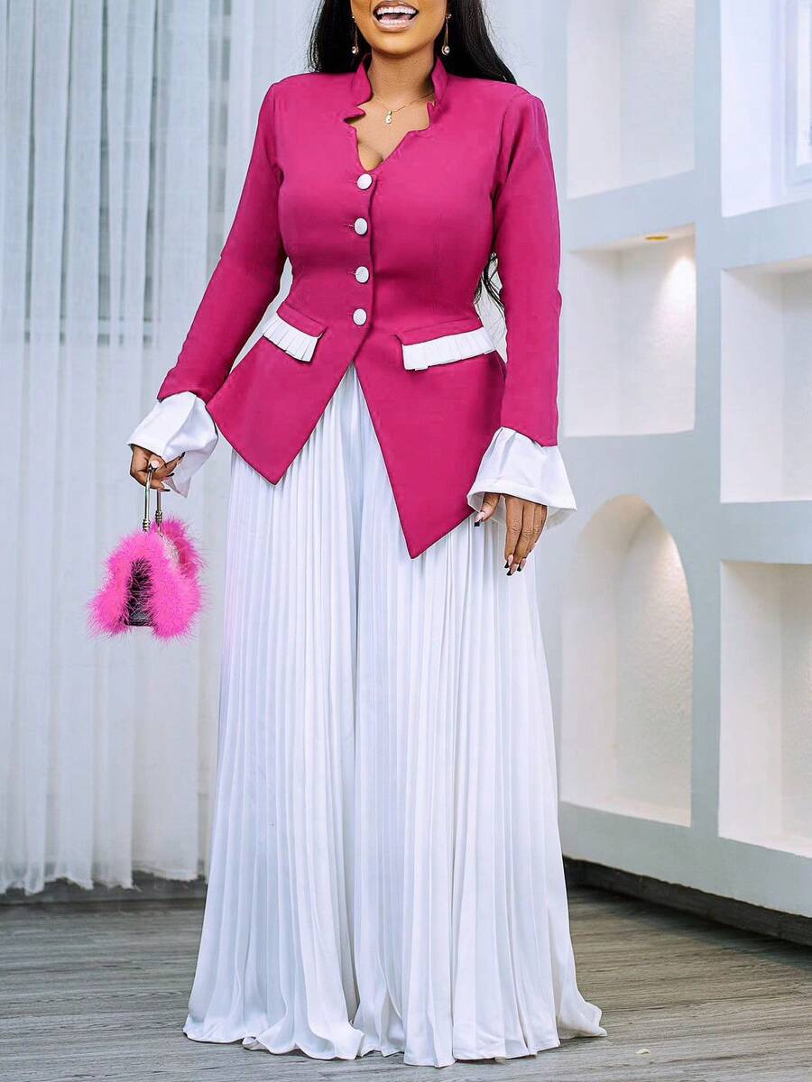 Nuevo 2026 Conjunto Dos Piezas Mujer Primavera Top Manga Campana Y Pantalón Pierna Ancha Plisado - Rosa Fucsia - Ver 1