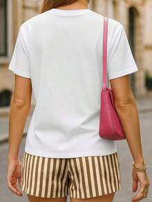 Conjunto de 2 piezas de camiseta con estampado de leopardo y cereza + shorts a rayas para mujer - Blanco 2 - Ver 2