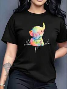 Women's Elephant Print T-Shirt - Short Sleeve Crew Neck T-Shirt, Casual And Versatile Top, Machine Washable, Comfortable And Versatile Casual Wear (Print) | Exquisite Design | Loose And Comfortable | Easy To Match | - 新黑 - 查看 8