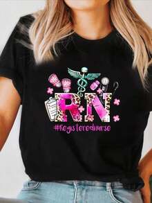 Women's Casual Short-Sleeve T-Shirt For Nurses, With Geometric Print Of Gratitude And Nurse Life, Black, Machine Washable, Crew Neck, Regular Fit, All Seasons, Comfortable For Everyday Wear, Gift For Healthcare Professionals. Women's Short-Sleeve Floral Print T-Shirt, Lightweight, Stretchy, Crew Neck, Casual, For Outdoor Activities And Urban Wear. - 黑色 - 查看 7