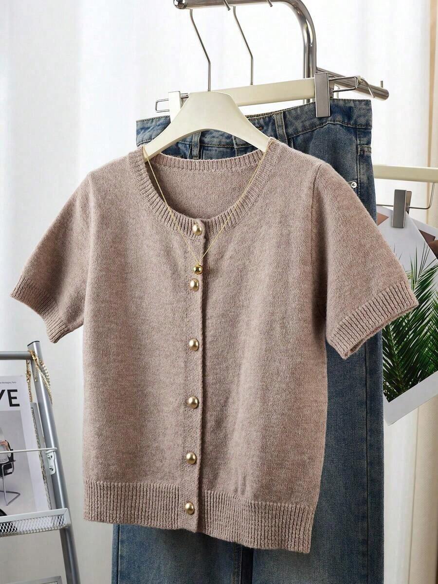 Cárdigan de botones gris para mujer - Cárdigan casual y de moda de manga corta, elástico, silueta en forma de H, adecuado para primavera y verano, diseño con detalle de punto acanalado, cierre de botones, tela transpirable, estilo cárdigan, artículo esencial de primavera/verano - Camel - Ver 1