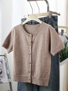 Cárdigan de botones gris para mujer - Cárdigan casual y de moda de manga corta, elástico, silueta en forma de H, adecuado para primavera y verano, diseño con detalle de punto acanalado, cierre de botones, tela transpirable, estilo cárdigan, artículo esencial de primavera/verano - Camel - Ver 6
